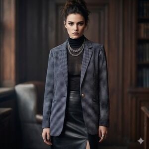 Anne Klein Women's Navy Blue White Grid Blazer Jacket Size M 90s Office Siren